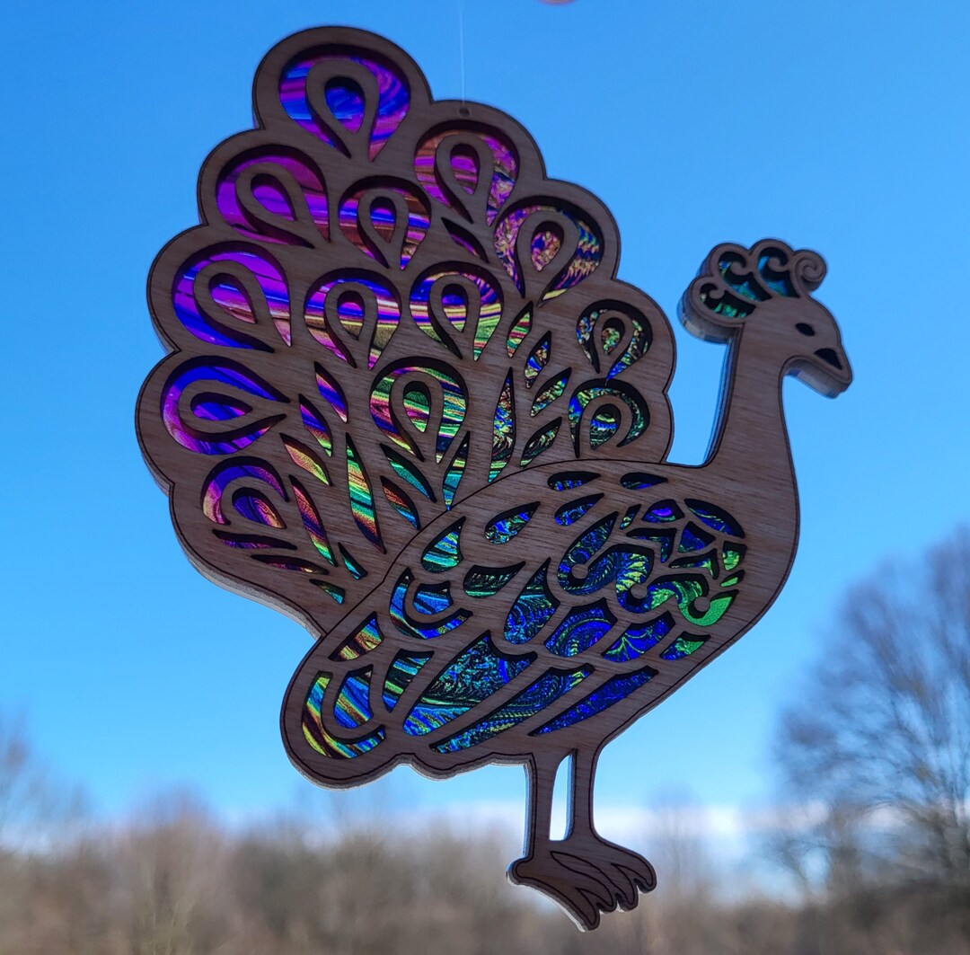 Peacock Acrylic Suncatcher W/ Wood Overlay Crafted by Designs by
