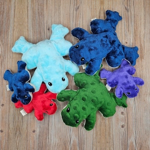 May include: A collection of plush frog toys in various colors, including blue, green, red, and purple. The frogs have a textured surface and black button eyes. The toys are arranged on a wooden surface.