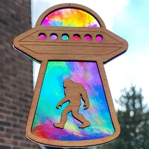 Bigfoot and UFO Wooden Suncatcher with Transparent Acrylic Background, Window Hanging, Sasquatch Gift, Aliens Among Us, Housewarming Gift