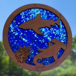 Shark Wooden Suncatcher with Transparent Acrylic Background, Window Hanging, Beach House Decor, Housewarming Gift, Marine Animal Present,