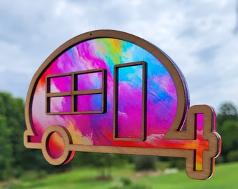 Camper Acrylic Suncatcher w/ Wood Overlay Crafted by Designs By Scamper, Window Hanging, Camping, Housewarming Gift, Travel