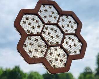 Honeycomb/Bee Acrylic Suncatcher w/ Wood Overlay Crafted by Designs By Scamper, Beekeeper, Honey, Window Hanging, Housewarming