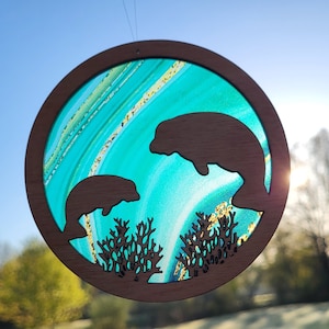 Manatee Wooden Suncatcher with Transparent Acrylic Background, Housewarming Gift, Chunky Mermaid, Gentle Sea Cow, Beach House Decor