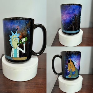 Rick and BoJack Outer Space Mug - 15oz Black Ceramic | Unique Cartoon Characters, Cosmic Bar Art, Microwave & Dishwasher Safe | Perfect Gift