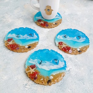 Resin Ocean Coaster With Seashell Set of 4,  Birthday Gift for Beach Lover, coaster