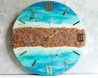 Resin Ocean Wall Clock with Turtles, Living Room Decor, Epoxy Sea Wall Art, Anniversary Gift for Parents
