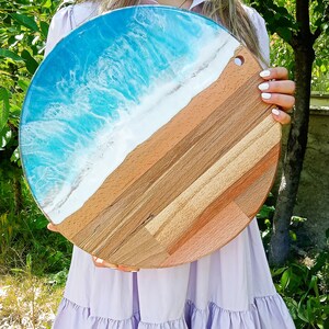 Large Personalised Wooden Ocean Resin Art, Cheese Board, Laser Engraved Charcuterie Platter, Custom Made Engraving Serving Board Sea image 3