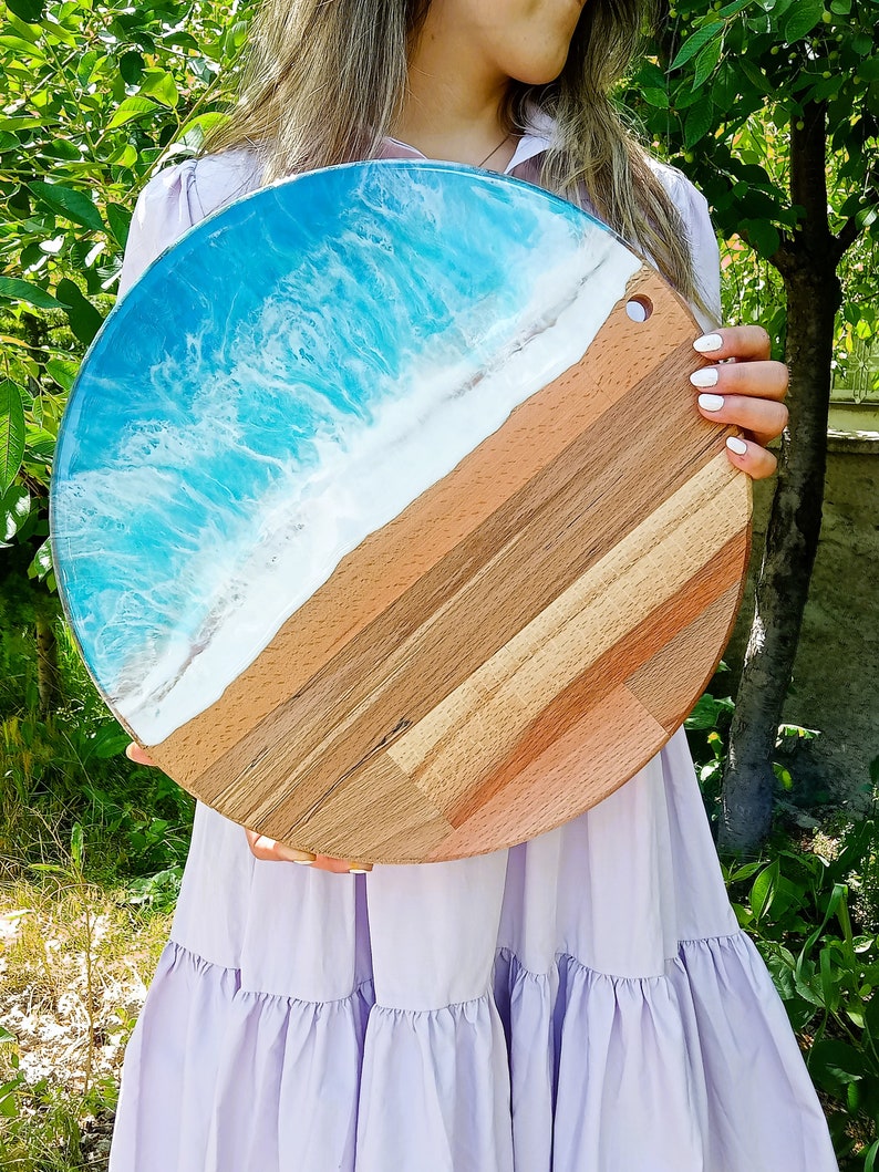 Large Personalised Wooden Ocean Resin Art, Cheese Board, Laser Engraved Charcuterie Platter, Custom Made Engraving Serving Board Sea image 3