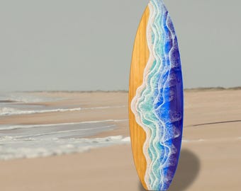 Ocean Wave Epoxy Surfboard Wall Art, Handmade Resin Beach Decor, Coastal Wall Hanging for Beach House or Bathroom