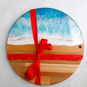 Large Personalised Wooden Ocean Resin Art, Cheese Board, Laser Engraved Charcuterie Platter, Custom Made Engraving Serving Board Sea image 5