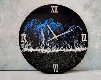 Black Epoxy Resin Wall Clock: Ocean Waves, Beach Decor