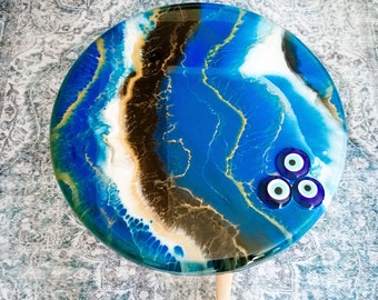 Handmade Blue Resin Side Table, Evil Eye Accent Table (40cm)