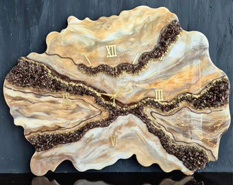 Luxury Geode Resin Wall Clock, Large Agate Epoxy Clock with Gold Line, Marble Effect Wall Art, Unique Housewarming Gift, Modern Home Decor