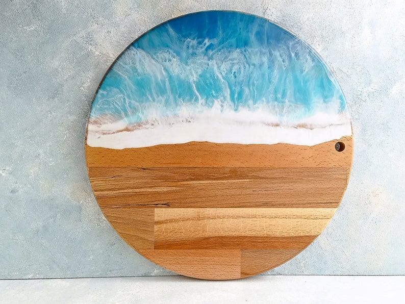 Large Personalised Wooden Ocean Resin Art, Cheese Board, Laser Engraved Charcuterie Platter, Custom Made Engraving Serving Board Sea image 4