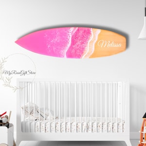 Personalized Baby Room Pink Surfboard Wall Art, Baby Room Wall Decor, Nursery Baby Name Surfboard, Surf Lovers Gift, Baby Shower Gift Style 1