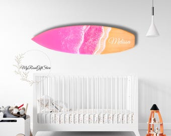 Personalized Baby Room Pink Surfboard Wall Art, Baby Room Wall Decor, Nursery Baby Name Surfboard, Surf Lovers Gift, Baby Shower Gift