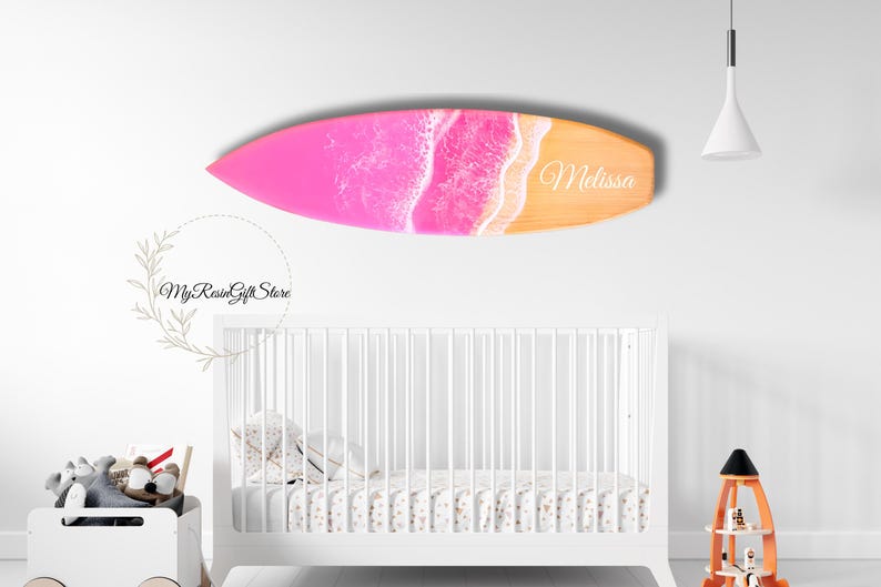 Personalized Baby Room Pink Surfboard Wall Art, Baby Room Wall Decor, Nursery Baby Name Surfboard, Surf Lovers Gift, Baby Shower Gift Style 1