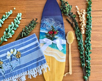 Handmade Resin Surfboard Decor Gift Set, Turkish Towel, Spa Relaxation Kit
