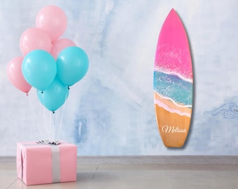 Personalized Resin Pink Wooden Surfboard Wall Art,  Baby Room Surfboard Wall Decor, Epoxy Wall Hanging Surf Board, Gift for Girl Surf Lovers