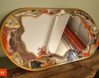 Geode Resin Mirror, Luxury Gold Accent, Handmade Irregular Wall Decor (39"x19")