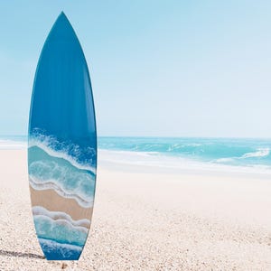 Resin Surfboard Wall Art with Ocean Waves, Surf Lover Gift
