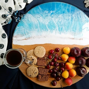 Large Personalised Wooden Ocean Resin Art, Cheese Board, Laser Engraved Charcuterie Platter, Custom Made Engraving Serving Board Sea image 1