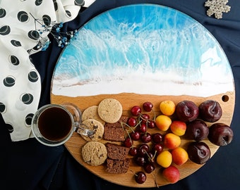 Large Personalised Wooden Ocean Resin Art, Cheese Board, Laser Engraved Charcuterie Platter, Custom Made Engraving Serving Board Sea