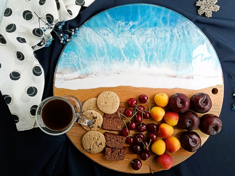 Large Personalised Wooden Ocean Resin Art, Cheese Board, Laser Engraved Charcuterie Platter, Custom Made Engraving Serving Board Sea image 1