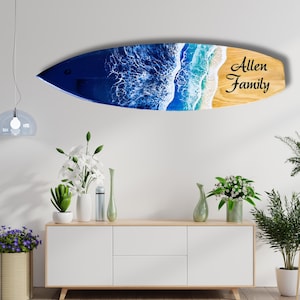 Personalized Epoxy Resin Surfboard Wall Art, Beach House Surf Decor, Hanging Coastal Surfer Gift