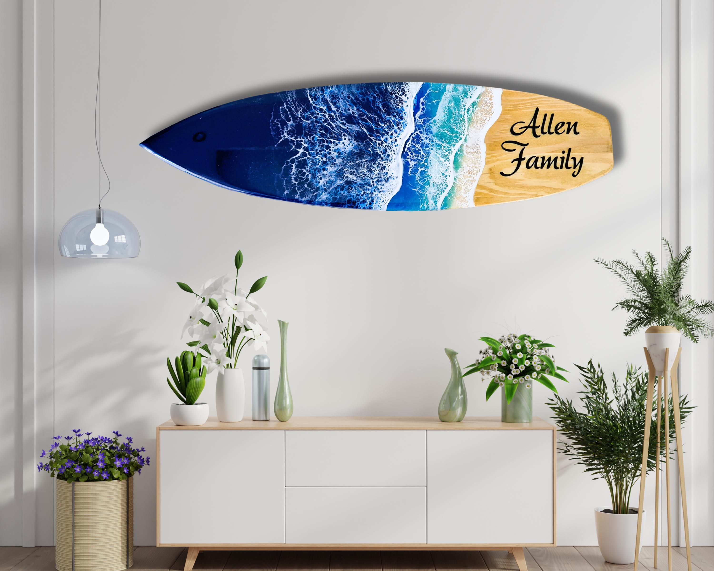 Personalized Epoxy Resin Surfboard Wall Art, Beach House Surf Decor, Hanging Coastal Surfer Gift