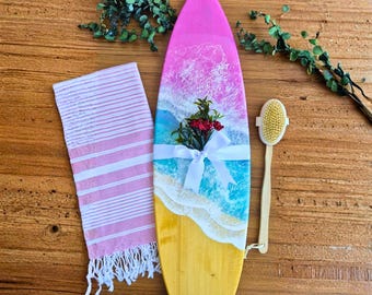 Handmade Surfboard Wall Art, Coastal Beach Bathroom Decoration, Ocean Wave Resin Decor, Pink and Blue Ocean Gift