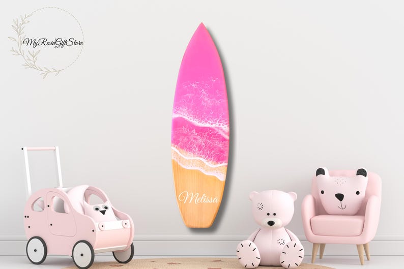 Personalized Baby Room Pink Surfboard Wall Art, Baby Room Wall Decor, Nursery Baby Name Surfboard, Surf Lovers Gift, Baby Shower Gift image 2