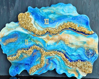 Large Ocean Resin Wall Clock 32x24", Blue Geode Resin Art, Luxury Crushed Glass Wall Decor, Modern Resin Geode Clock, Abstract Blue Gold Art