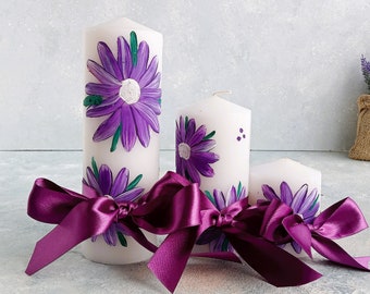 HAND PAINTED Purple Flower Candle, Set of 3 Modern Candle, Thanksgiving, Wedding Ceremony