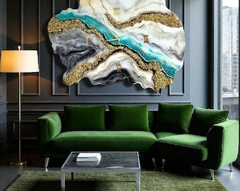 Epoxy Resin Geode Wall Clock, 31.5"x24" Handmade Green Resin Clock, Gold Detail Modern Luxury Decor, Unique Wall Clock