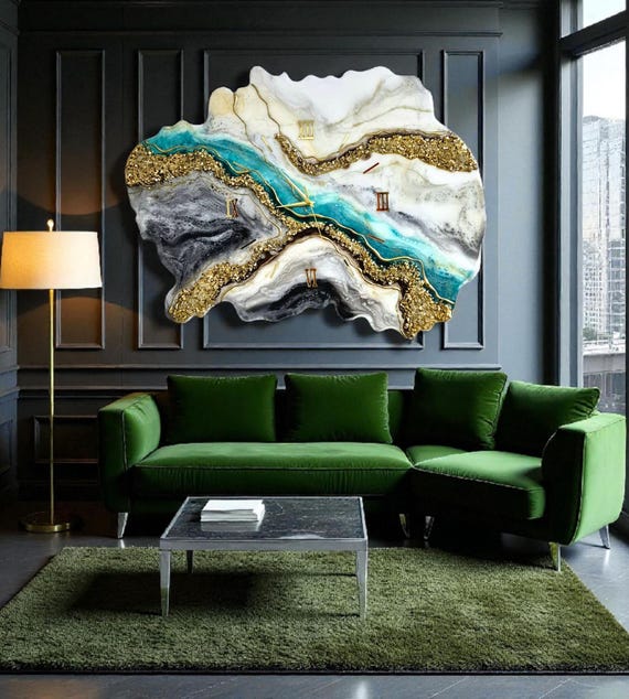 Epoxy Resin Geode Wall Clock, 31.5"x24" Handmade Green Resin Clock, Gold Detail Modern Luxury Decor, Unique Wall Clock