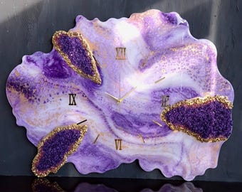 Large Purple Resin Wall Clock, Amethyst Geode Wall Art, Unique Roman Numerals Clock, Luxury Home Decor, Housewarming Gift, Glam Wall Decor