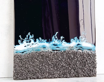 3D Resin Seascape Painting: Dark Blue Ocean Waves Wall Art
