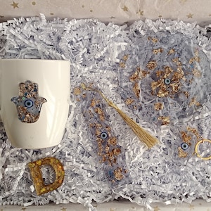 Evil Eye Geschenkbox, Hamsa Becher, Harz Schlüsselbund, Lesezeichen, Brief Geschenkanhänger, Housewarming Geschenk, Bürogeschenk, Weihnachtsgeschenk, Thanksgiving