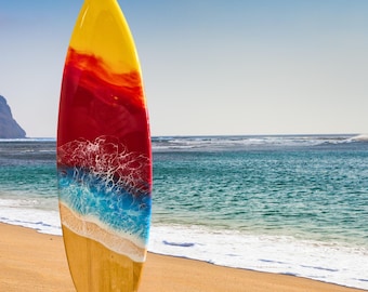 Resin Surfboard Wall Art, Epoxy Ocean Wave Wooden Surfboard Decor, Coastal Sunset Beach House Wall Hanging, Tropical Summer Home Decor Gift