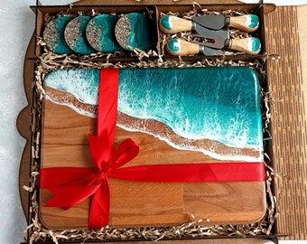 Personalized Ocean Resin Cheese Board Set: Charcuterie Board, Coasters, Knives