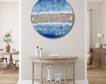 Large Ocean Resin Wall Clock with Turtles, Beach House Decor, Ocean Lover Gift, Blue Ocean Waves Wall Art, Coastal Decor
