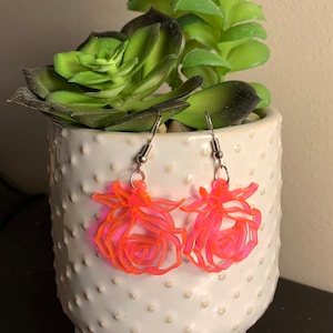 Fluorescent Pink Acrylic Rose Earrings-Bright-Summertime-Spring Time- Flowers-Floral Earrings-Mother’s Gift-Daughter Gift-Unique-Fun