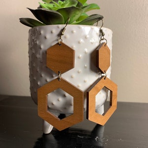 Double Hexagon Wooden Earrings-Elegant Earrings-Dangle-Simple-Cherry-Classy-Mom Gift- Mother’s Day-Christmas- Mom Birthday-Wife Birthday