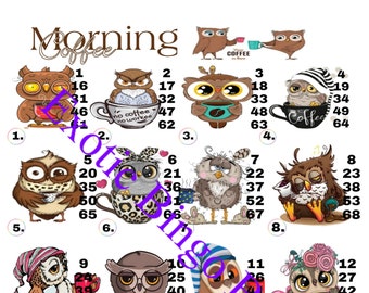 1-15 Lines Bingo Board, 1-75 Ball, Straight Picture (Owl Coffee)