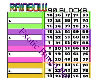 1-90 Ball Bingo Board, 1-18 Lines Mixed (Rainbow Blocks 90)