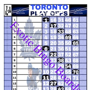 May include: A Toronto Maple Leafs Bingo card with numbers 1-75 in a grid. The card has a blue background with a white maple leaf logo. The card is designed for a hockey game.