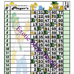 May include: A green and gold bingo card with numbers 1 to 18 on the left side and numbers 1 to 77 on the right side. The card is decorated with images of leprechauns and beer mugs.