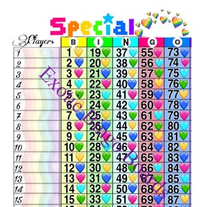 1-90 Ball Bingo Board, 1-18 Lines, Straight (Special Hearts)