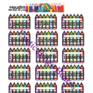 1-90 Ball Bingo Board, 1-15 lignes, Mixed Picture (Rainbow Pencil Houdini)